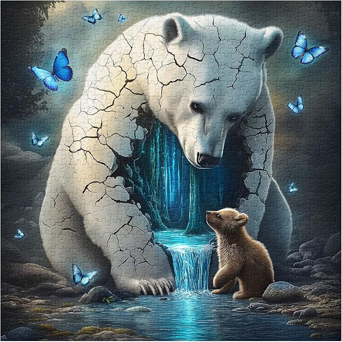 Animal Bear Puzzles for Adults 1000 Pieces, Fantasy Bears Butterfly Waterfall Jigsaw Puzzles, Nature Forest Wildlife Puzzle as Home Decor