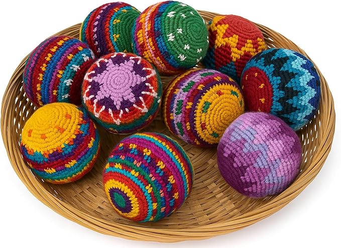 Funny Guy Mugs Hacky Kick Ball Sacks, Multicolored Crochet Assorted Geometric Pattern Hacky Ball, Foot Bag Kick Sack, Indoor and Outdoor Toys for Kids and Adults, Set of 6