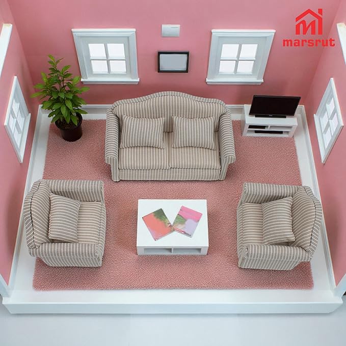 3pcs Dollhouse Couch, 1/12 Scale Living Room Furniture Accessory, Timeless Classic Miniature Double & Single Couch with Pillow, Upholstered Sofa Armchair Set Accessories for Bedroom Sectional Décor