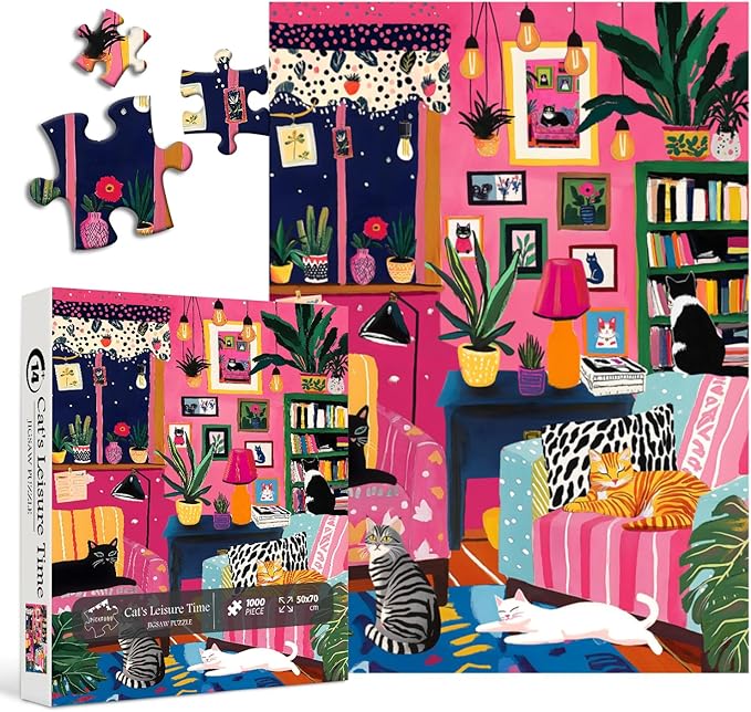 PICKFORU Cat Puzzles for Adults 1000 Pieces, Colorful Kitty Plant Puzzles for Adults, Difficult Art Living Room Jigsaw Puzzle as Home Decor