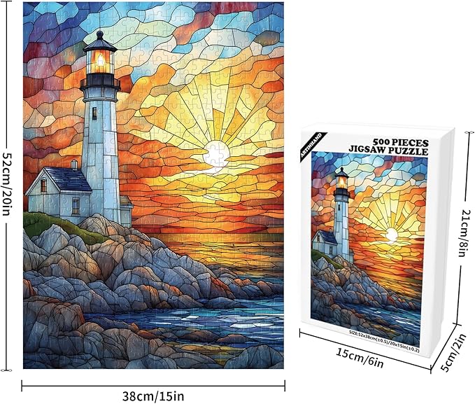 Great Jigsaw Puzzles for Adults 500 Pieces Stained Glass Lighthouse Wooden Challenging Puzzles Gift for Friends Family Home Decoration Puzzle