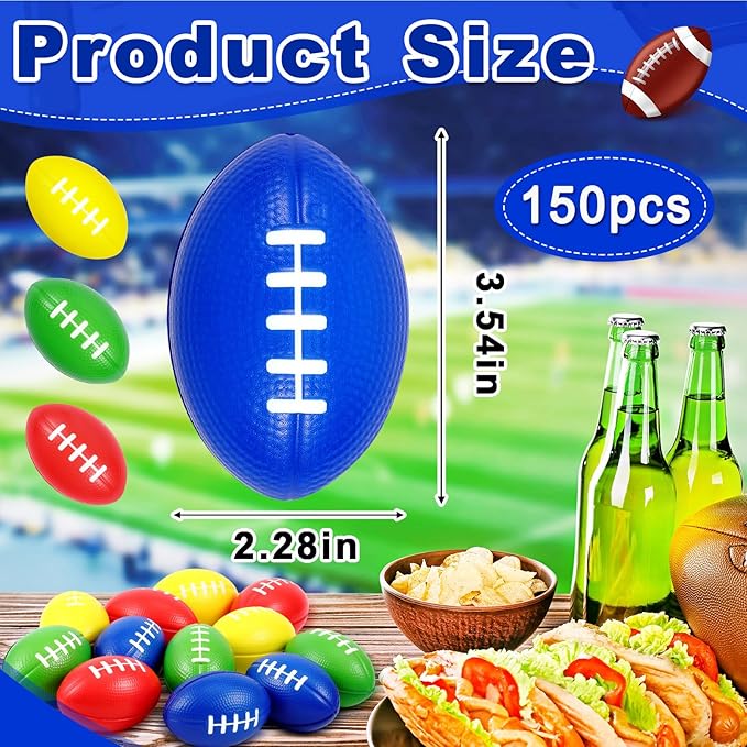 Wettarn 150 Pcs 3.54 Inch Mini Footballs Bulk Foam Small Soft Stress Sport Tiny Balls for Adults Indoor Outdoor Play Rewards Party Favors Gift Decorations (Multicolor)