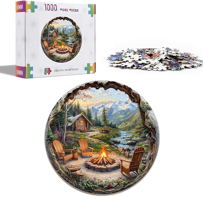 Landscape Puzzles for Adults 1000 Pieces, Outdoor Bonfire Cabin Village Jigsaw Puzzles 1000 Pieces for Adults, Fun Puzzles with Letters On Back, Beautiful Wall Decorations (26.5 * 26.5in)