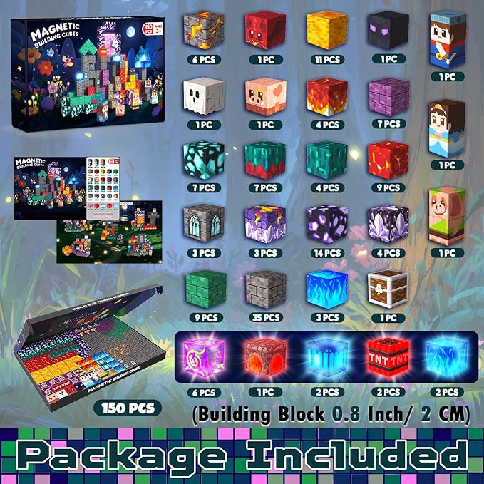 150PCS Magnetic Blocks with Light up Blocks - Magnetic Building Blocks for Kids Ages 4 5 6 7 8 9 10, Magnetic Light up Building Blocks, STEM Sensory Learning Toys, Birthday Gift for Kids Ages 3+