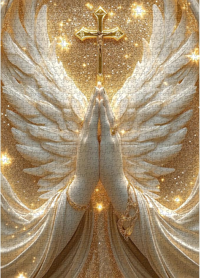Christian Puzzles for Adults 1000 Pieces, White Angel Wings and Cross Religious Puzzles, Faith Spiritual Catholic Jigsaw Puzzle Jesus Holy Blessing, Christian Home Decor