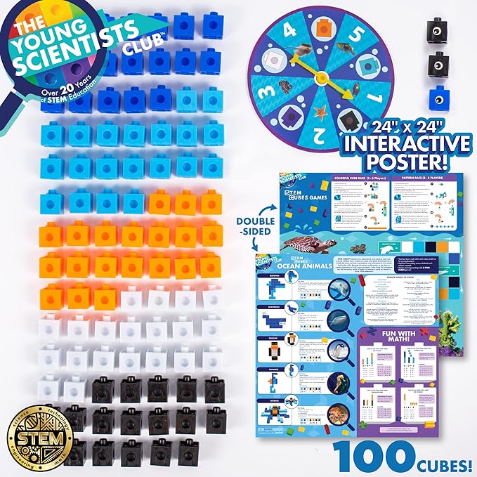 The Young Scientists Club Ocean Animals STEM Cubes,Build,Learn & Create with 100+ Math Cubes Manipulatives,2-in-1 Educational Games,Math Cubes for Kids Ages 4-8,Multi,One Size