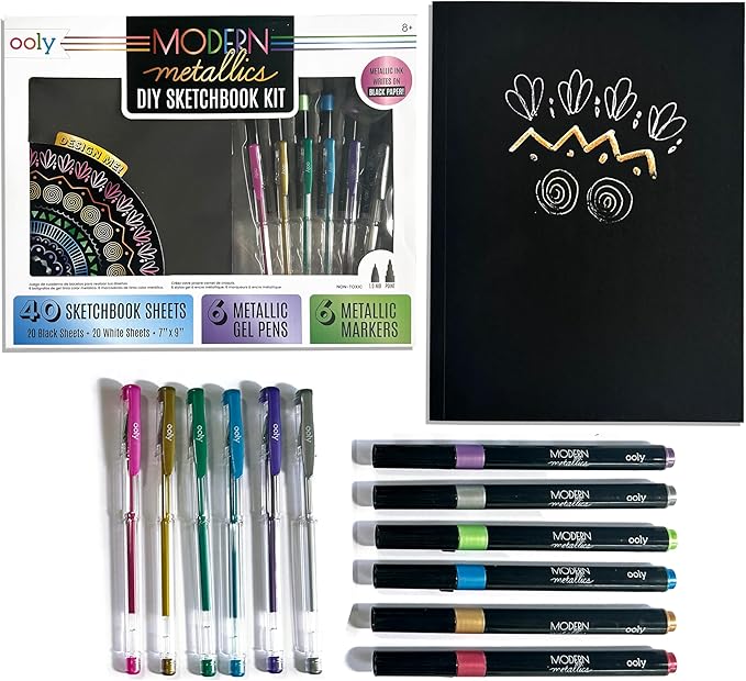 Ooly 13 PC Metallic Drawing Kit Includes 6 Metallic Markers, 6 Metallic Gel Pens and 40 Sheets of Black & White Paper, 20 for Each Color