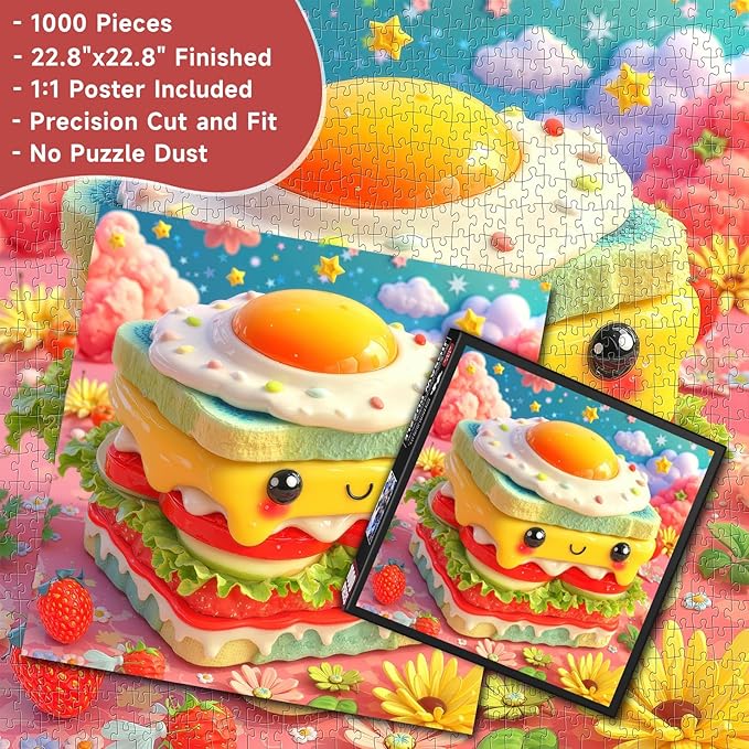 Cute Kawaii Sandwich 1000 Piece Jigsaw Puzzle for Adults - Whimsical Food Art with Smiling Egg & Strawberries, Poster & Lettered Back, 22.8" Square HD Quality, Unique Gift for Food & Kawaii Lovers