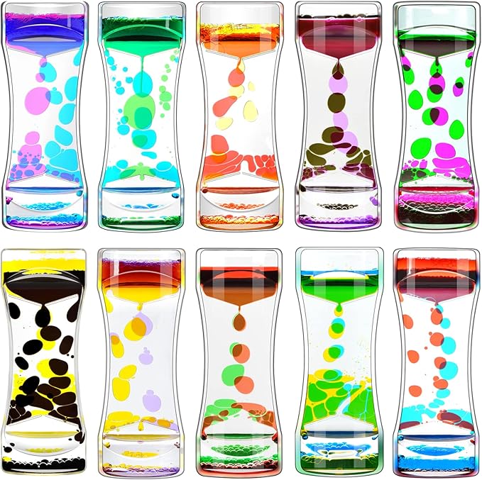 Liquid Motion Bubbler Timer Pack of 10 Great Desktop Colorful Hourglass Liquid Bubbler Small Calming Relaxing Toys Sensory Anxiety Autism ADHD Fidget Toys (10 Pack, Rainbow)