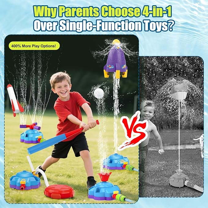 4-in-1 Water Sprinkler Baseball Toy, Water-Spraying Rocket, Water Baseball, Rocket Launch Game, Spinning Water Sprayer Outdoor Summer Toys for Boys Girls Outside Water Game Toys for Kids 3-12