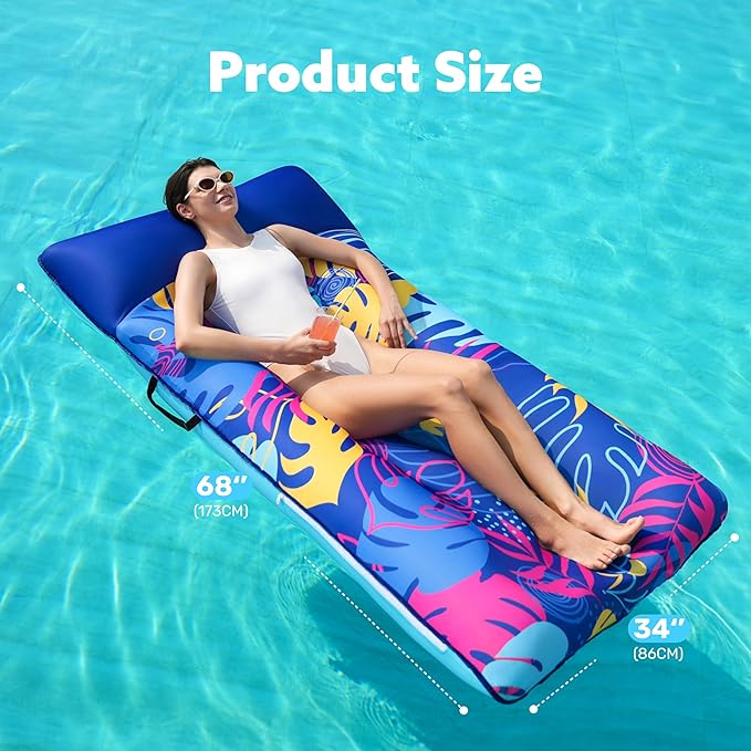 SLOOSH Inflatable Pool Floats Lounger - XL Fabric Covered Pool Mat Floaties for Adults, Ultra Comfort Water Floating Lounger with Headrest for Beach Lake Swimming Pool Float Raft 68"X34"