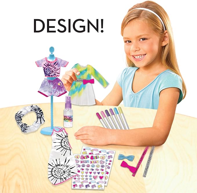 Tara Toys Barbie Tie-Dye Fashion Designer Kit – DIY Design Set for Girls with Dresses, Markers, Stickers & Tools – Create Real Barbie Outfits, Craft Activity for Kids Ages 6+