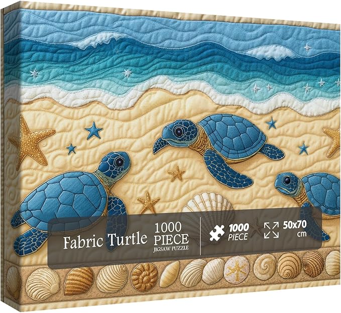 Sea Turtle Beach Puzzle for Adults 1000 Pieces, Quilt Sewing Art Jigsaw Puzzle, Ocean Seashell Starfish Puzzle