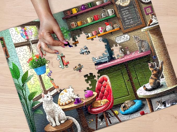 Springbok Cat Cafe 500 Piece Jigsaw Puzzle for Adults - Kittens in a Coffee Shop - Unique Cut Pieces - Made in USA