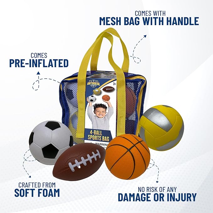 Nature Bound Mini 4-Ball Sports Bag - Soft Foam Balls Set for Kids - Basketball, Soccer, Volleyball, Football - Safe Indoor and Outdoor Play - No Pump Required - Mesh Storage Bag Included