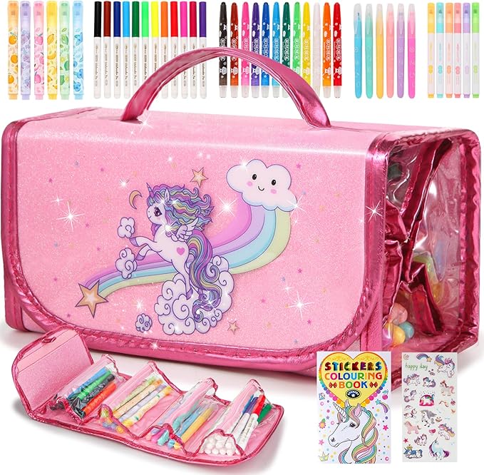 50 Pcs Fruit Scented Washable Markers Set with Coloring Book, Unicorn Girls Coloring Set Art Supplies Gifts Toys for Girls Age 4 5 6 7 8 (Pink)
