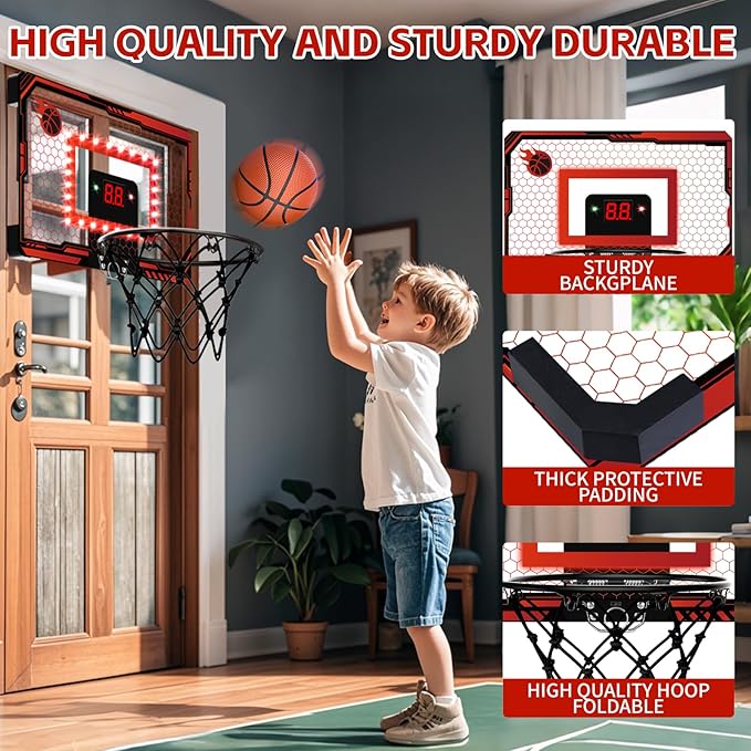 Mini Basketball Hoop Indoor, Over The Door Basketball Hoops with Led Lighting, Mini Hoop with Electronic Scoreboard & 3 Balls, Outdoor, Red, Sports Toys Gifts for 6 7 8 9 10 11 12+ Year Old Boys