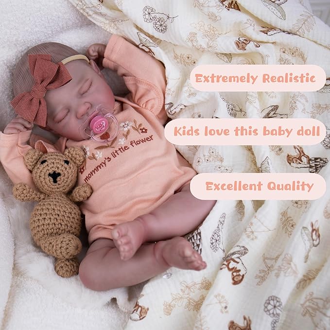 EKOKIZ Lifelike Reborn Baby Dolls, 20-Inch Realistic Baby Doll Girl Soft Cloth Body Newborn Doll with Complete Accessories for Kids Age 3+ Real Life Dolls, Lovely & Pretty Girls