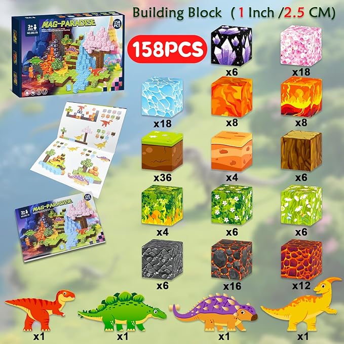 158PCS Magnetic Blocks- 1Inch Magnetic Cubes 3D Dinosaur World for Kids STEM Construction Toys - Learning Educational Magnetic Building Blocks for Boys & Girls Ages 3 -12 Christmas Birthdays Gifts