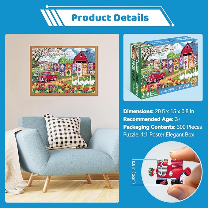 300 Piece Jigsaw Puzzle for Adults – Spring Farmyard Delight with Quilts & Tulips– Challenging and Relaxing Puzzle for Game Nights, Gifts & Home Décor (20.5" × 15")