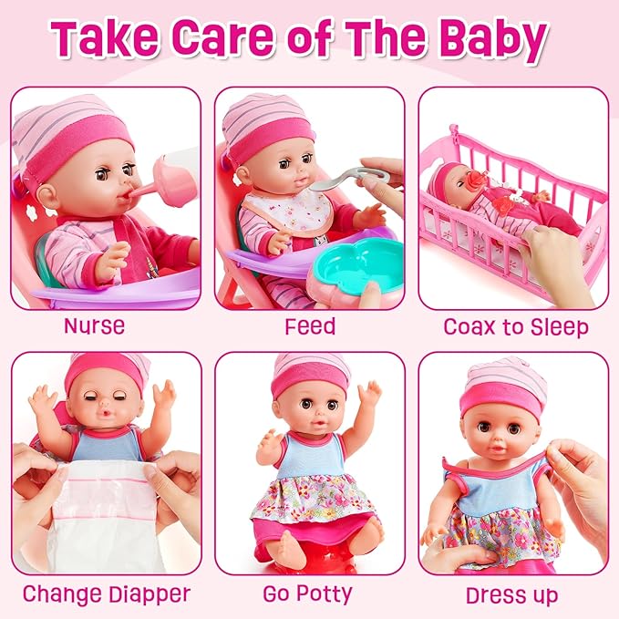 Golray 12in Girl Baby Doll Crib and High Chair Set - Sound&Pee Interactive Baby Doll with 20pcs Accessories Diaper Bag/Cradle/2 Clothes, Feeding Nursery Pretend Play Toddler Girl Toy Gift 3 4 5 6 Year