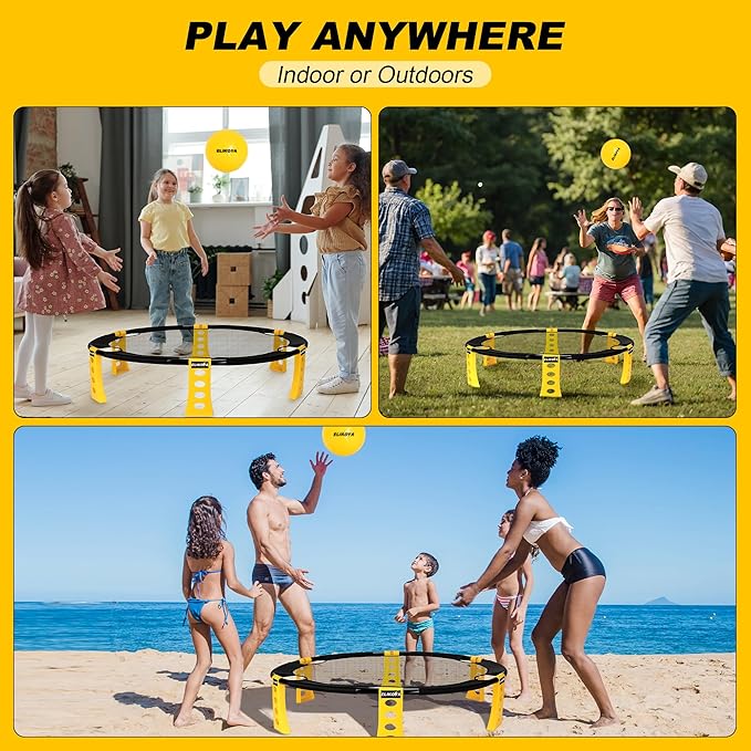 Outdoor Beach Ball Game Includes 4 Balls, Net and Carrying Bag - Roundnet Yard Games Set for Adults, Kids, and Family - Perfect for Beach, Yard, Lawn, Backyard, and Park