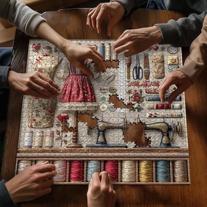 Vintage Sewing Machine Puzzles for Adults 1000 Pieces, PICKFORU Floral Puzzle with Buttons Plant Embroidery Dress, Aesthetic Art Quilt Challenge Jigsaw Puzzle Collage