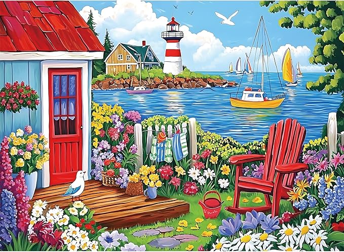 300 Pieces Puzzles for Adults,Seaside Garden House 300 Pieces Large Puzzle for Adults Seniors,Coastal Lighthouse Jigsaw Puzzle for Kids Ages 8-10,Challenging Family Games, 20.5 x 15 in