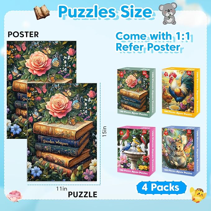 4 Packs 100 Piece Jigsaw Puzzles for Adults - Vintage Puzzles – Large Pieces Puzzle for Seniors Easy Beginner Kids Puzzle 8-10 Gifts for Girls Boys – 11" x 15" Each