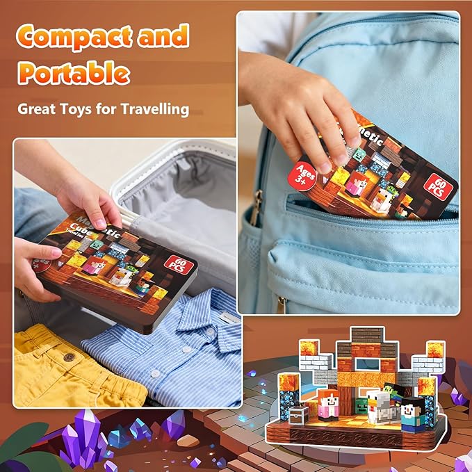 60 PCS Magnetic Blocks with Metal Box, 0.8in Mini Magnetic Building Cubes STEM Toys for Kids Ages 3+, Battle Stage Building Set, Educational Travel Toy for Boys and Girls, Easter Birthday Gifts