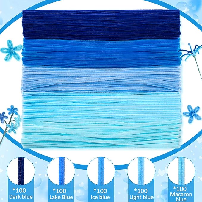 Peryiter 500 Pieces Pipe Cleaners Chenille Stems for Flowers Craft Supplies Bulk Fluffy Fuzzy Sticks for DIY Art Projects Creative Gift Wrapping Party Decorations(Blue,12 Inch)