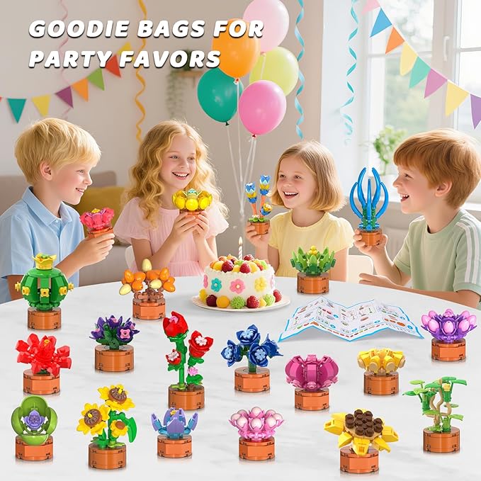 24 Pack Flowers Succulent Party Favors for Kids Building Set - 1012pcs Botanical Bonsai 3.6mm Mini Building Blocks Toy for Easter Basket Fillers Classroom Prize Stocking Stuffer Gift for Girl Boy 6+