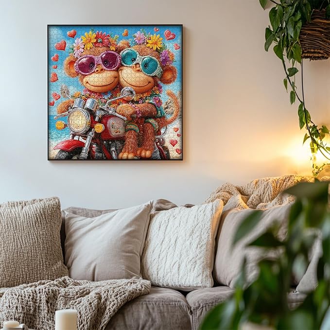 PICKFORU Cute Monkey Jigsaw Puzzles 1000 Pieces, Summer Seaside Motorcycle Puzzles for Adults, Funny Beach Bikers Puzzle