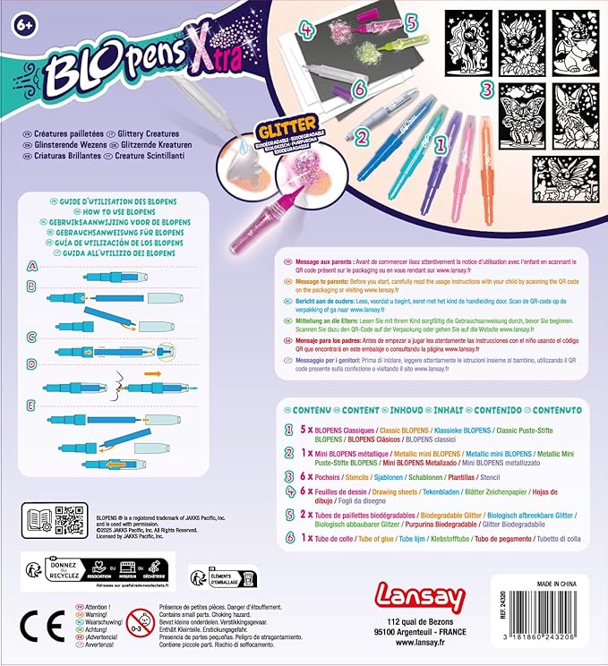 Lansay - BLOPENS X-TRA - Sparkling Creatures Set - Painting Set Made of Dandelion Felt with Reusable Stencils and Glitter Tubes - Gift Idea for Children from 6 Years - 6 Fantastic Drawings