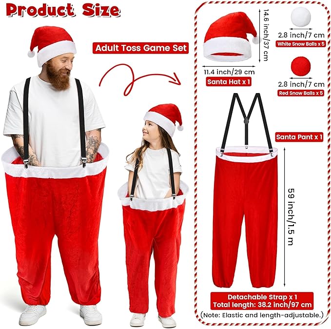 Elcoho 59 Inch Christmas Santa Pants Toss Game Set with Santa Hat, Detachable Strap, 10 Plush Snowballs, Outdoor Giant Pants Yard Toss Ball Games for Adults Family Backyard Game Holiday Party Activity