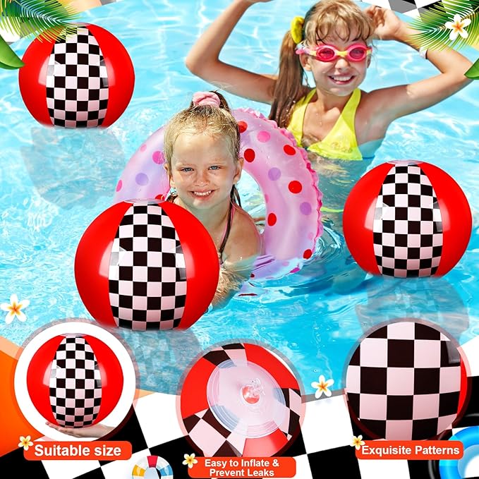 4 Pack Black White Red Beach Balls 11.8" Checkered Flag Themed Inflatable Beach Ball Bulk Race Car Birthday Party Supplies for Summer Pool End of the Year Decoration Favor
