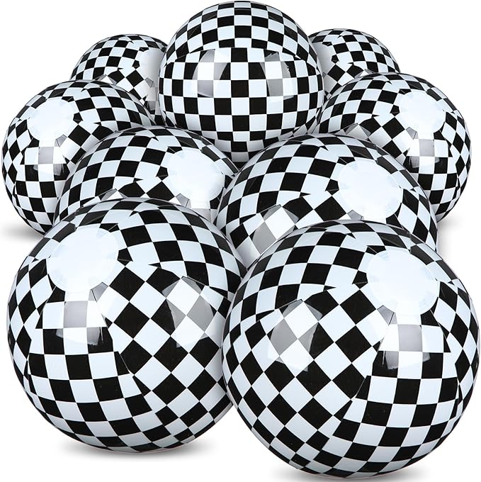 6 Pack Black and White Beach Balls 7.87" Checkered Flag Themed Inflatable Beach Ball Bulk Race Car Birthday Party Supplies for Summer Pool Party End of the Year Decoration Favor