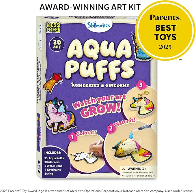 Skillmatics Aqua Puffs - 3D Art Kit, Princesses & Unicorns, Mess-Free Paint by Number Craft, DIY Color & Inflate Activity, Creative Gift for Girls & Boys Ages 4, 5, 6, 7, 8, 9, 10