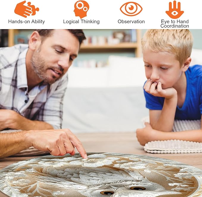 Owl Jigsaw Puzzles for Adults 1000 Pieces - Round Puzzle with 3D Stereo Visual Effect, Paper White Bird Animal Puzzles with Letters on Back, Challenging Hard Difficult Art Puzzle as Home Decor