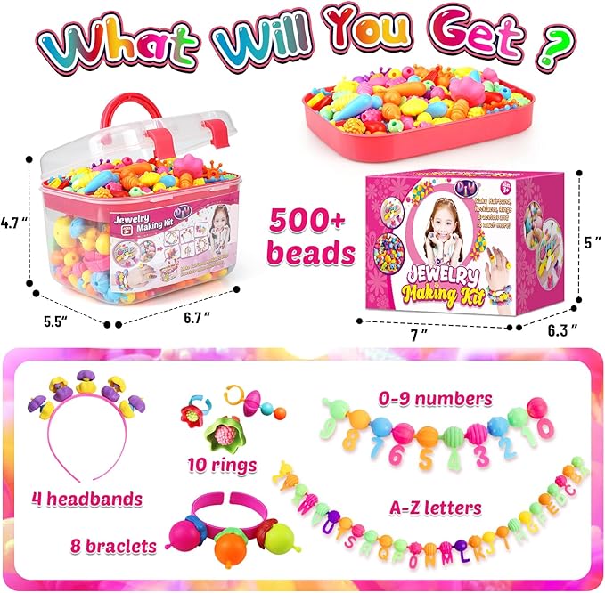 FUNZBO 520+ Snap Pop Beads - Jewelry Making Kit, Arts and Crafts for Kids Ages 4-8, Toys for 3 4 5 6 Years Old Girls Birthday Gifts Ideas, Bracelet Necklace Ring Set for Girls, Easter Basket Stuffers