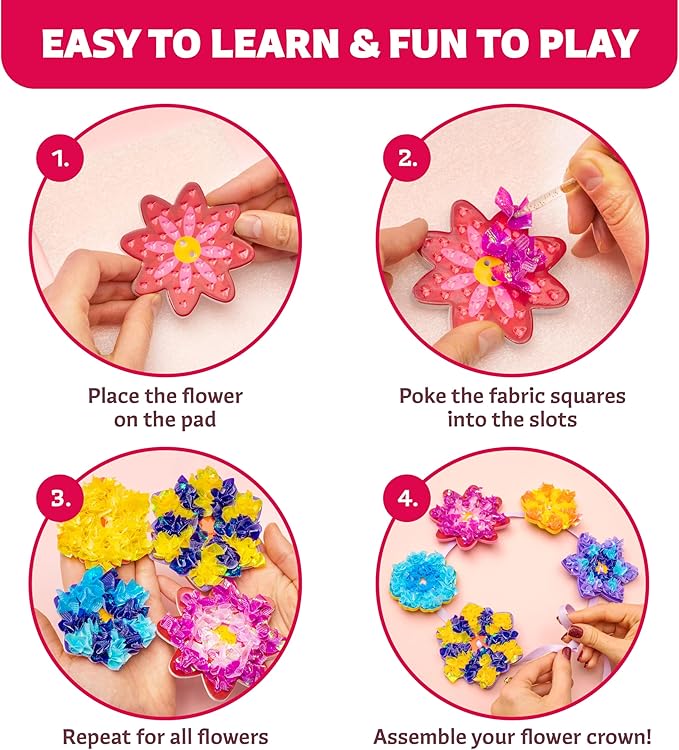 Poke-In Craft Flower Crowns Kit for Kids Ages 4-9 – Mess-Free Poke It Art Set with 15 Foam Flowers & 1000+ Fabric Squares for Girls, Boys & Toddlers –Chidrens Punch Craft & Tufting Kit for 4 Year Old+