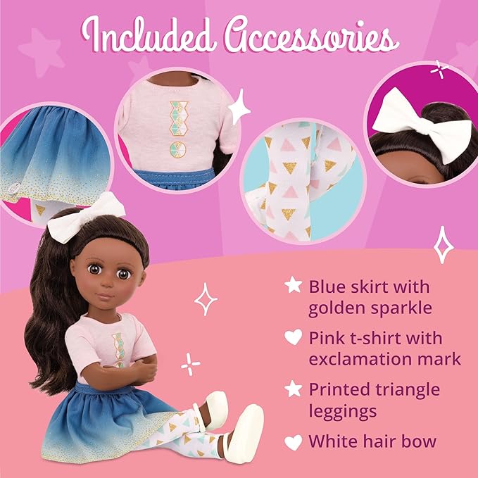 Glitter Girls – 14-Inch Fashion Doll – Long Brown Hair & Brown Eyes – Top & Blue – Ombre Skirt with Gold Glitter – Medium – Dark Skin Tone – 3+ Years– Keltie