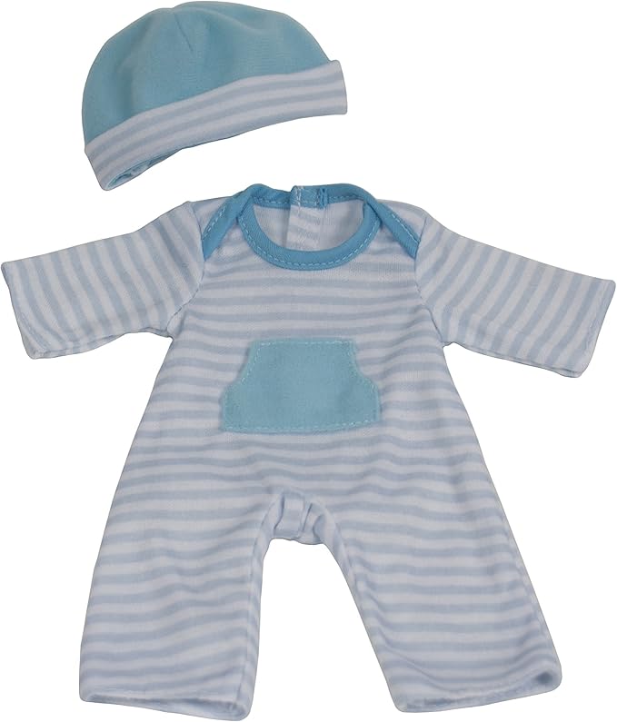 JC Toys | Berenguer Boutique | La Baby Doll Outfit | 2 Piece Blue Striped Onesie|Washable| Ages 2+ | Fits Dolls 9"- 12"