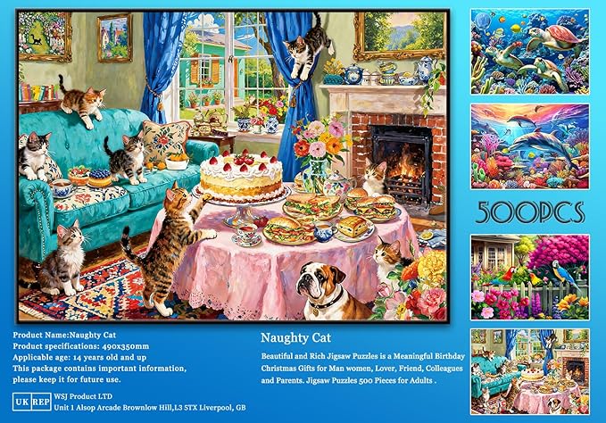 500 Piece Jigsaw Puzzle for Adults Whimsical Tea Party with Kittens Bulldog Cozy English Living Room Scene Challenging Paper Puzzle for Cat Lovers Game Nights Home Decor