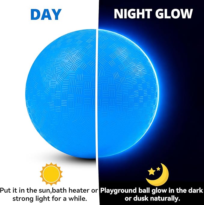 2 Pack Glow in The Dark Kickball, 8.5 Inch Light Up Playground Ball with 2 Mesh Bags & Hand Pump, No Battery Needed, Charge by Sunlight or Indoor Light,Gift Box