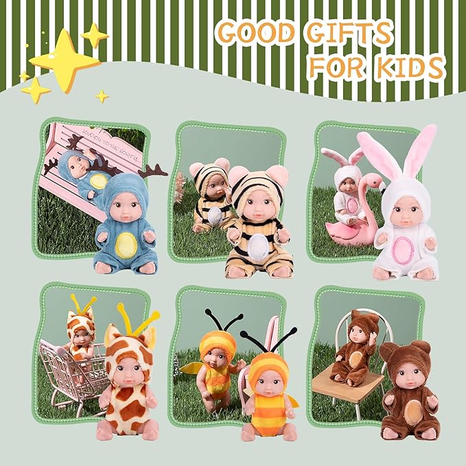 Vueos 6PCS 4inch Mini Dolls Set - Baby Doll with 6 Animal Outfits & Accessories, Reborn Baby Dolls for Kids Role Play, Perfect Birthday for Children Ages 3+