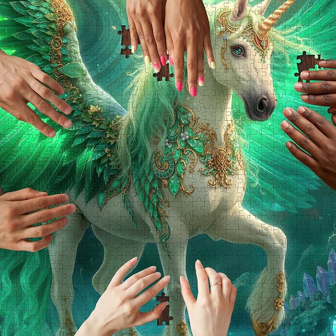 Emerald Winged Unicorn Jigsaw Puzzle for Adults 1000 Pieces - Fantasy Art with Crystals & Gold, 22.8 Inch Square, Lettered Back, Premium Magical Home Decor & Gift