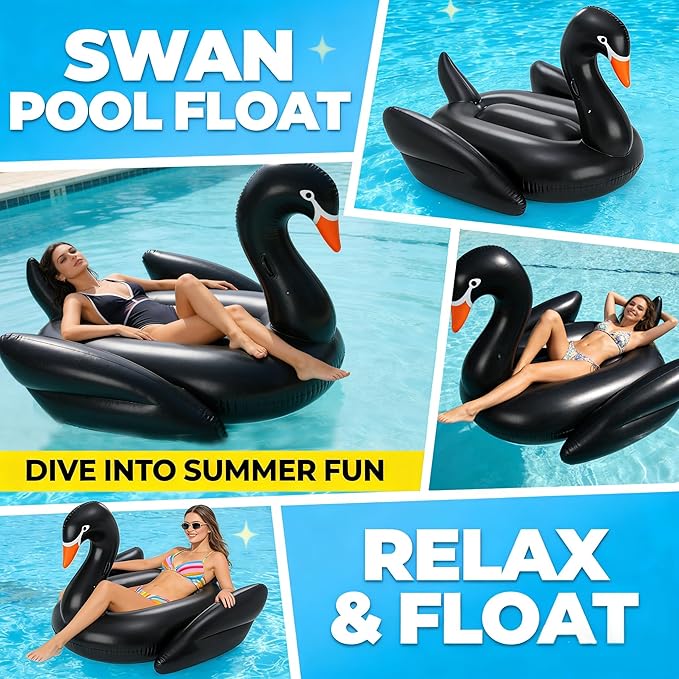 Giant Pool Float Adult Heavy Duty 70" Black Swan Pool Floaties for Adults Swimming Pool Lounger Float Pool Chair Float for Pool Games Beach Party Outdoor Water Play