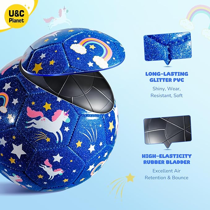 U&C Planet Soccer Ball Size 2 Size 3 Size 4 for Toddler Kids with Pump Deflated, Cartoon Unicorn Dinosaur Soccer Ball Toy for Girls Boys 1-3 2-8 6-12