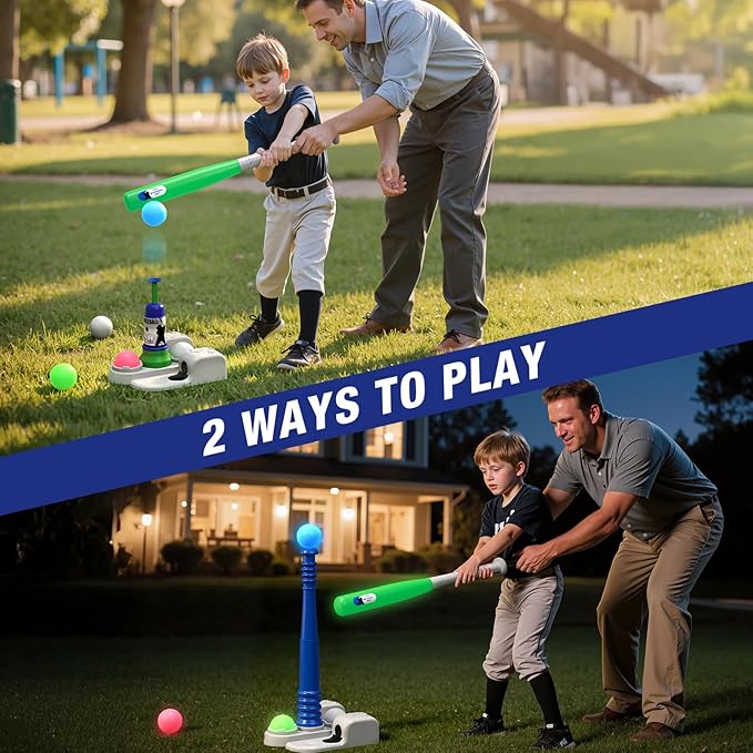 QDRAGON 2 in 1 T Ball Sets for Kids 3-5 5-8, Tee Ball Set with Automatic Pitching Machine/Adjustable Batting Bat & Stand/6 Balls, Baseball Toys Outdoor Sport for Toddlers Boys